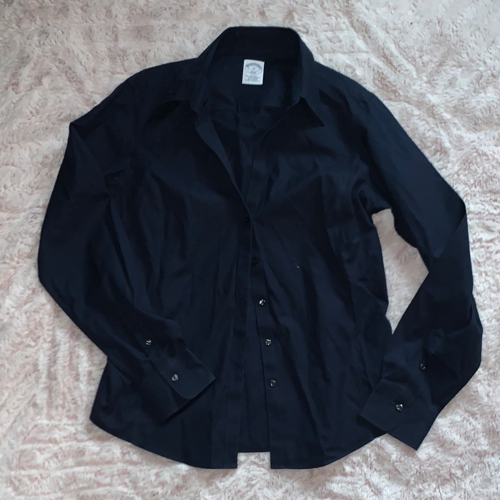 Brooks Brothers Classic Navy Dark Blue Fitted V Neck Button-Up Shirt Dress Shirt